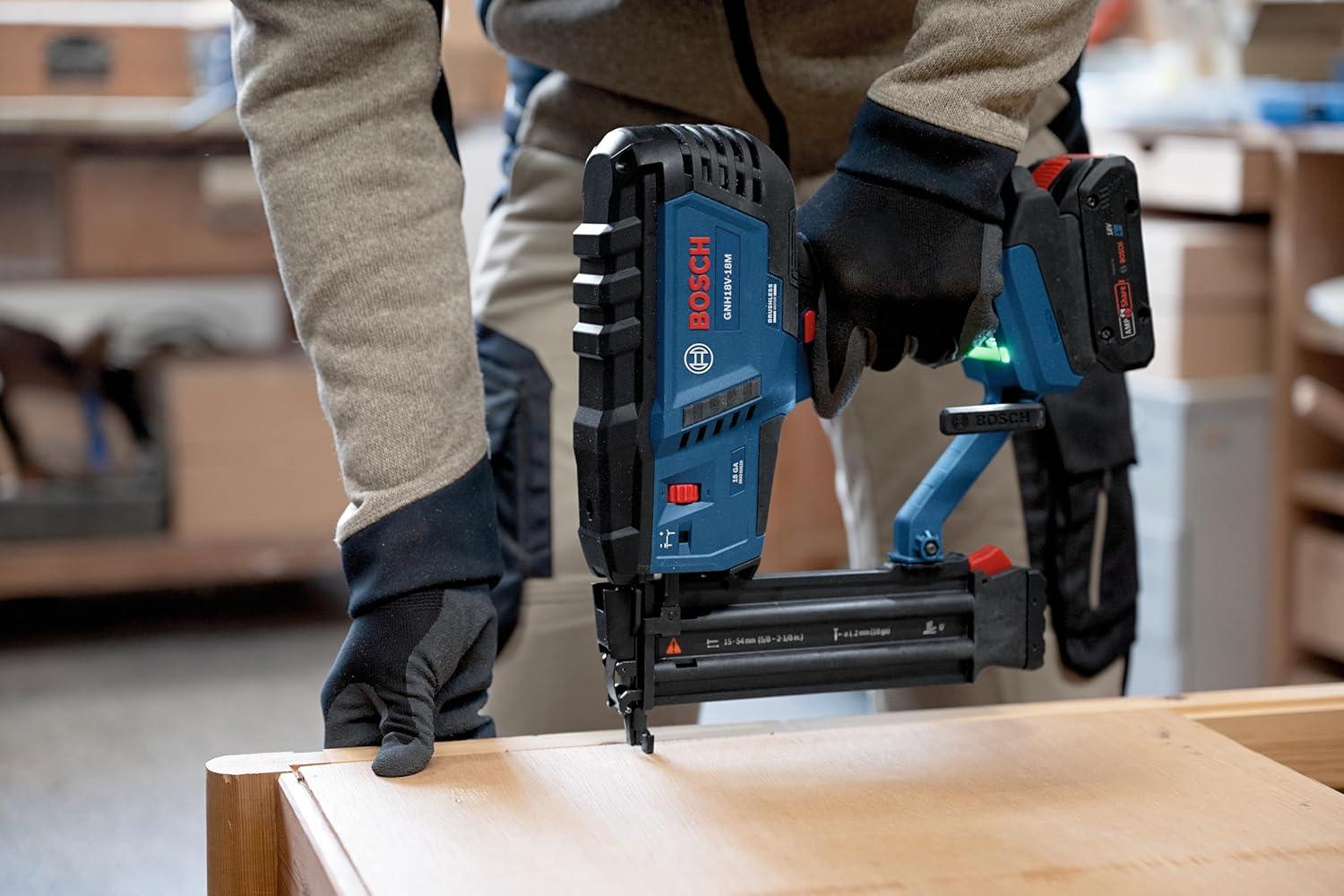 imageBOSCH GNH18V18MN 18V Brushless 18Gauge Brad Nailer Cordless Power Fastens up to 2000 Nails per Charge OneHanded Activation ToolFree Jam Clearing Double LED Light Bare ToolBare Tool