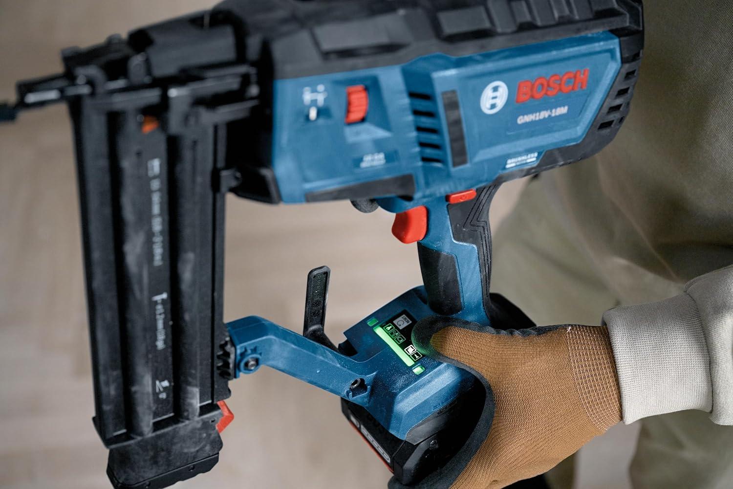imageBOSCH GNH18V18MN 18V Brushless 18Gauge Brad Nailer Cordless Power Fastens up to 2000 Nails per Charge OneHanded Activation ToolFree Jam Clearing Double LED Light Bare ToolBare Tool
