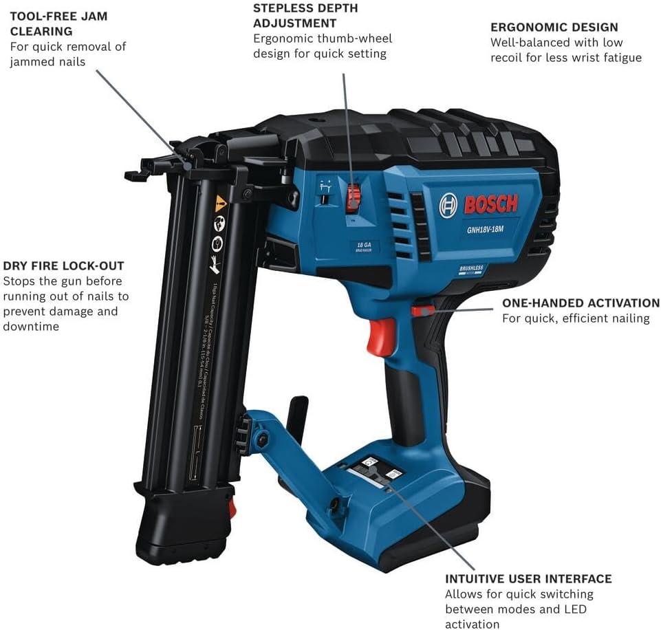 imageBOSCH GNH18V18MN 18V Brushless 18Gauge Brad Nailer Cordless Power Fastens up to 2000 Nails per Charge OneHanded Activation ToolFree Jam Clearing Double LED Light Bare ToolBare Tool