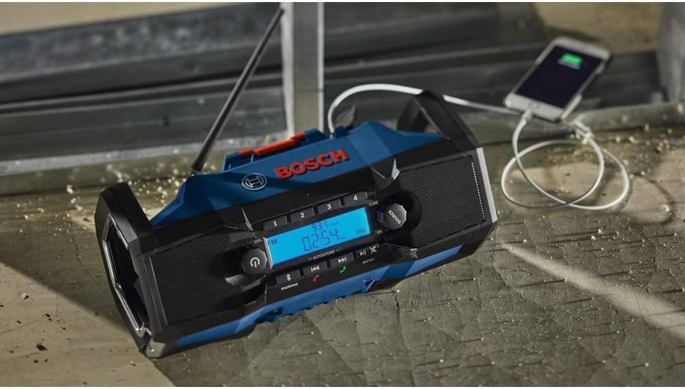imageBOSCH GPB18V2CN 18V Cordless Jobsite Radio with Bluetooth 50 Portable Durable Enhanced Bass USB Charging AUX Input Battery Not Included