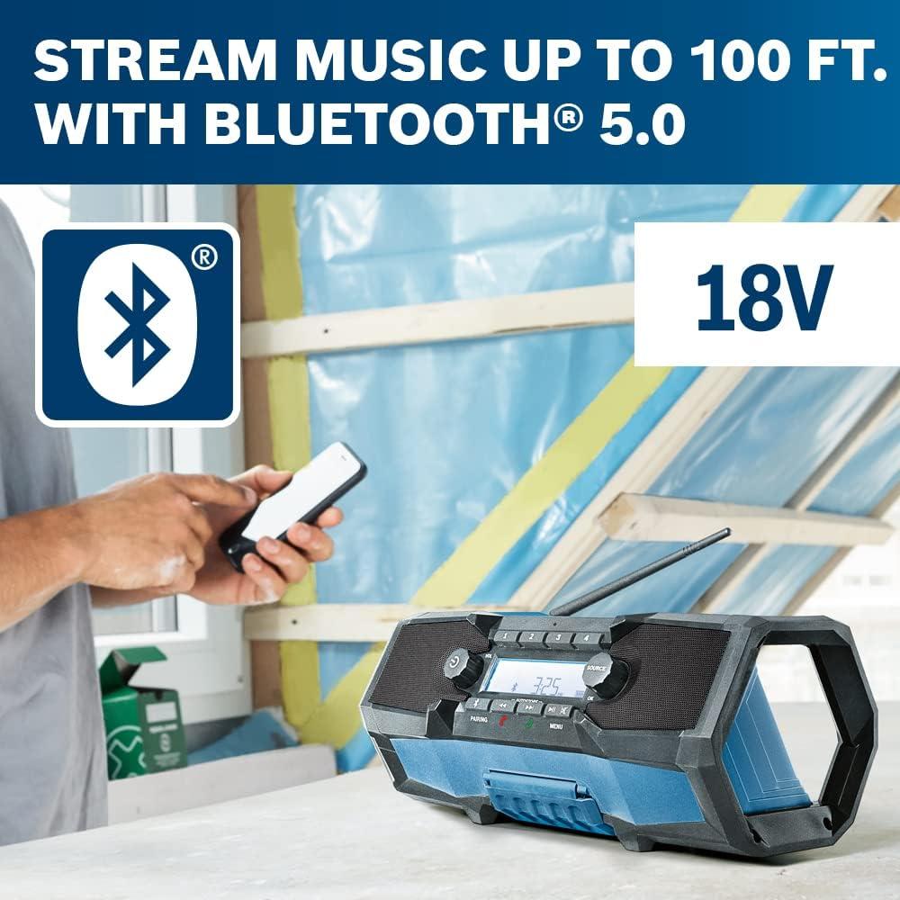 imageBOSCH GPB18V2CN 18V Cordless Jobsite Radio with Bluetooth 50 Portable Durable Enhanced Bass USB Charging AUX Input Battery Not Included