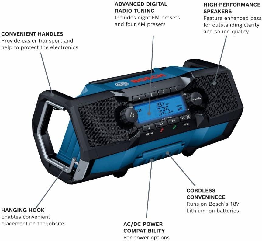 imageBOSCH GPB18V2CN 18V Cordless Jobsite Radio with Bluetooth 50 Portable Durable Enhanced Bass USB Charging AUX Input Battery Not Included