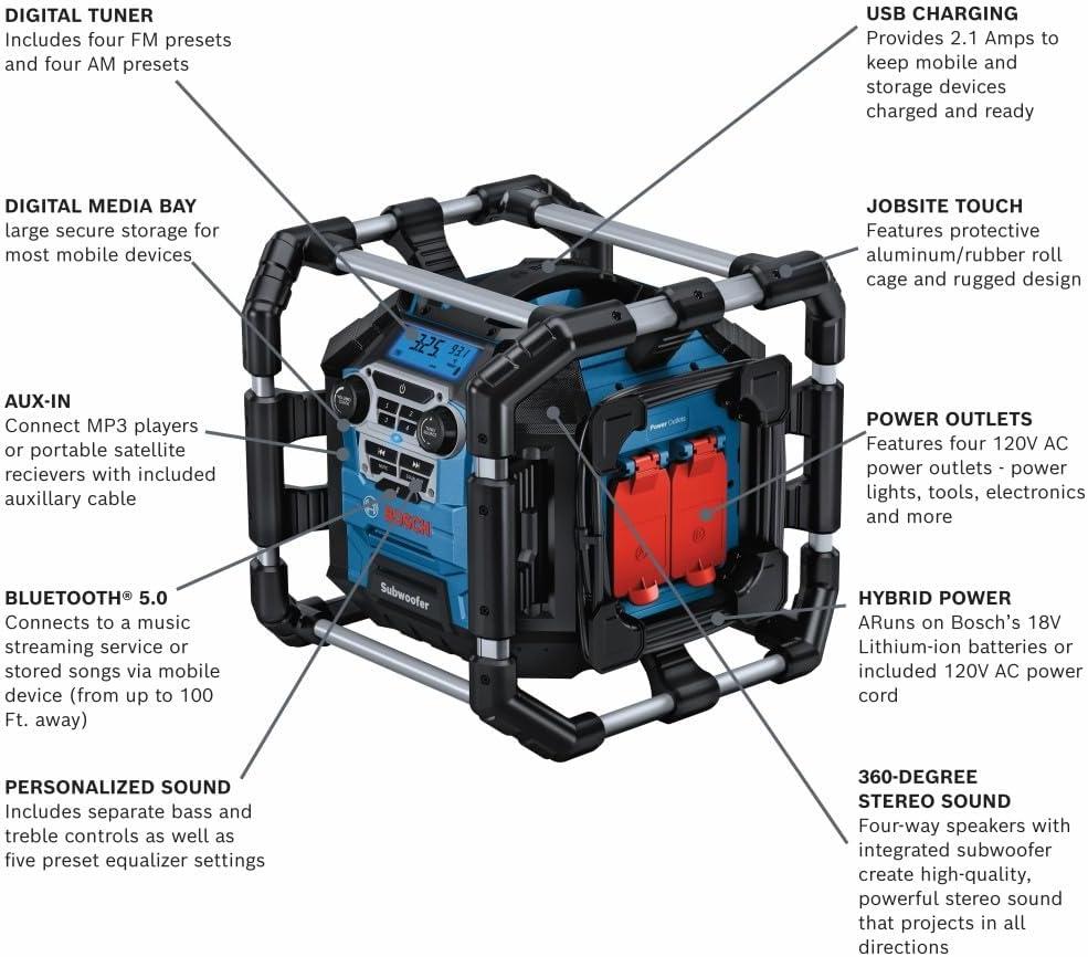 imageBOSCH GPB18V5CN 18V Jobsite Radio with Bluetooth 50 and Power Station