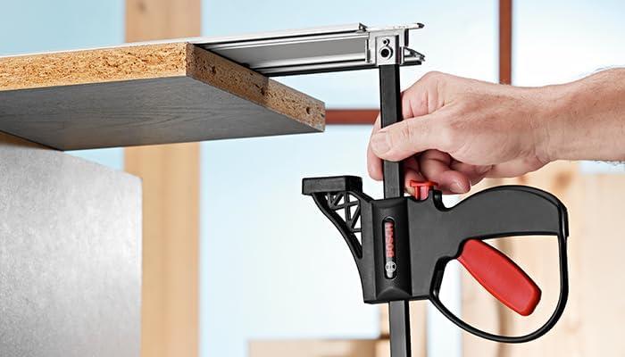 imageBOSCH FSNKZW Track Quick Clamps Secure and Fast Clamping for Bosch TrackSaw Tracks PushButton Fast Release Table Saw Quality Cuts Lightweight Alternative for Jobsites 2 Pc