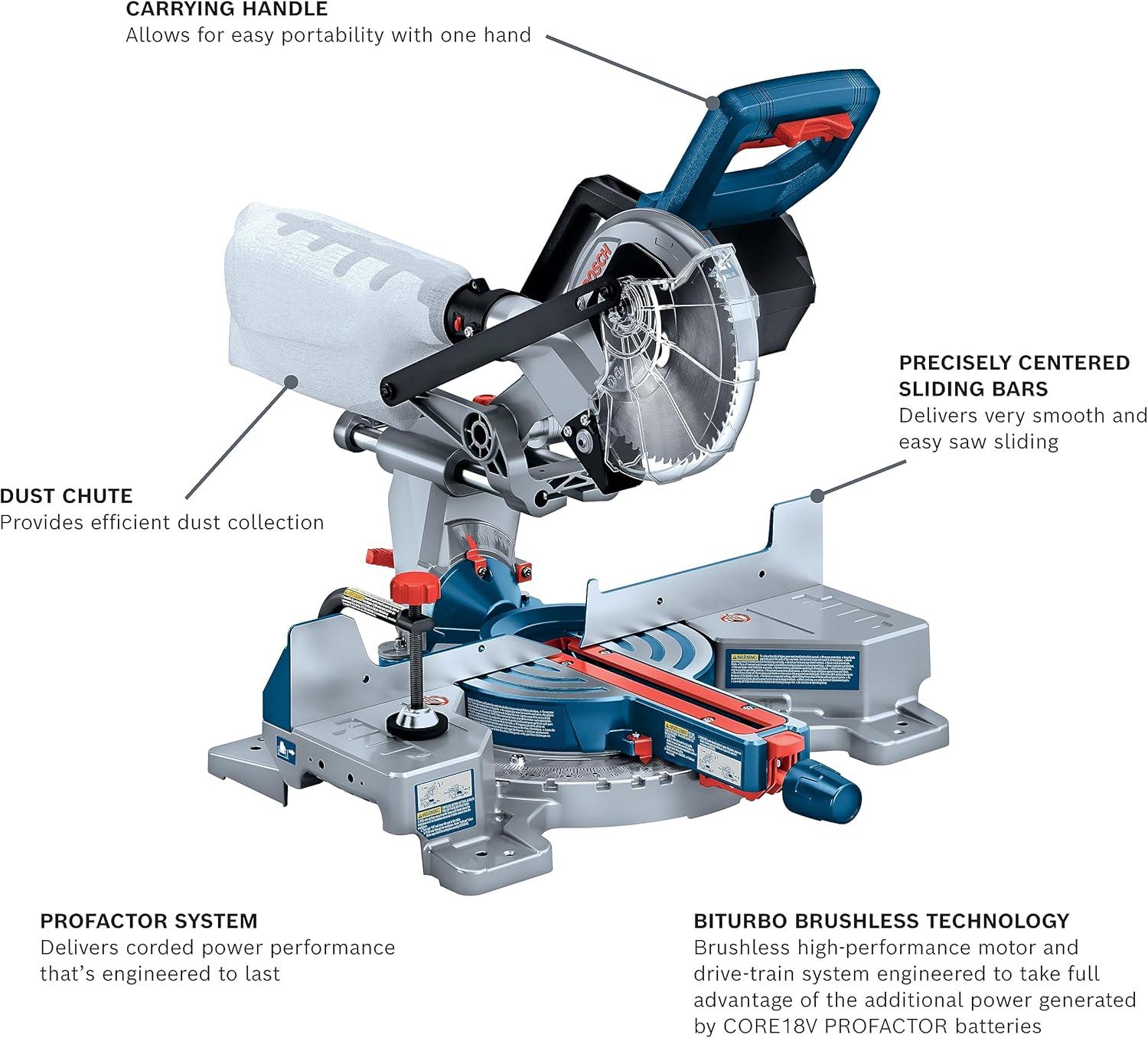 imageBOSCH GCM18V07SN PROFACTOR 18V 714 In SingleBevel Slide Miter Saw Mobile Cordless Solution 334 In Nested Crown Cutting 814 In Crosscut Capacity Bare Toolw 18V 8 Ah Battery