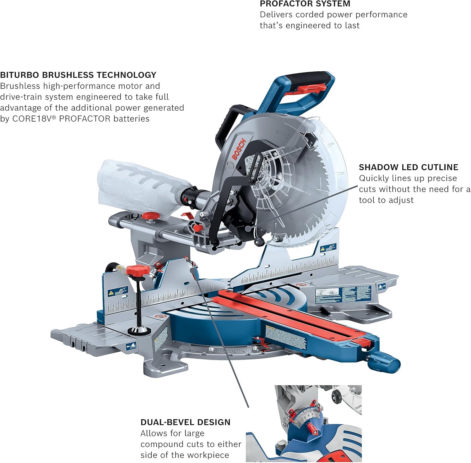 imageBOSCH GCM18V12SDN14 PROFACTOR 18V 12 In DualBevel Slide Miter Saw Kit with 1 CORE18V 8 Ah High Power Batteryw 18V 8 Ah Battery