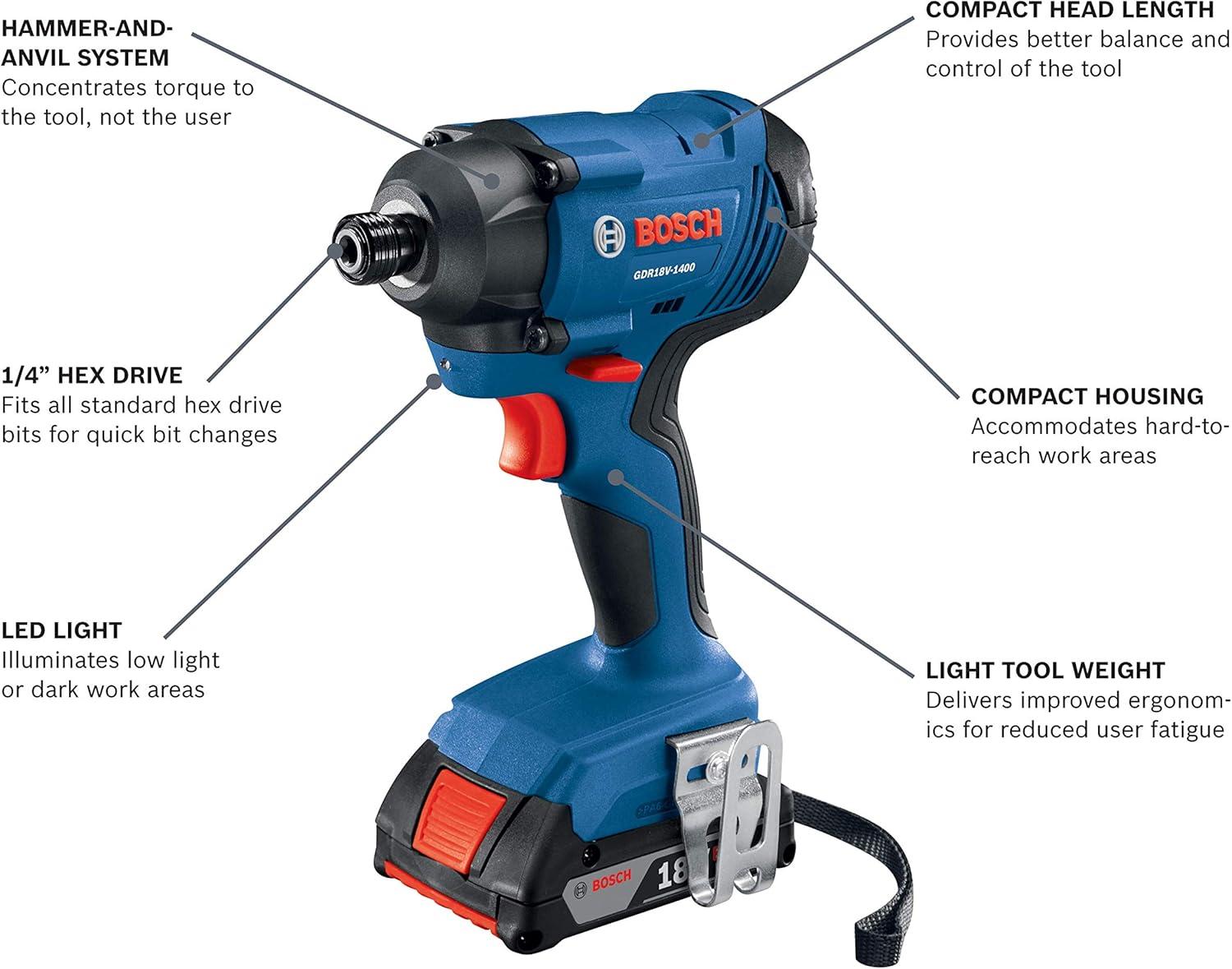 imageBOSCH GDR18V1400B12 18V 14 In Hex Impact Driver Kit with 20Ah Battery
