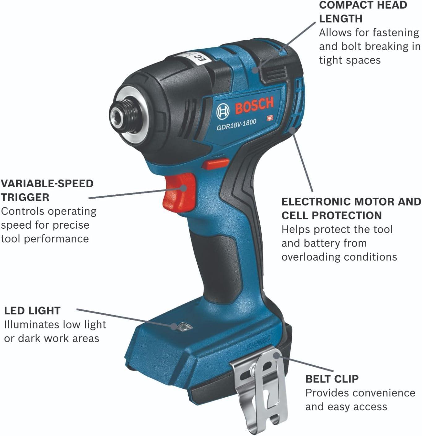 imageBOSCH GDR18V1800B12 18V Cordless Brushless 14 In Hex Impact Driver Kit with 1 2 Ah Standard Power Battery 18V Charger and Storage Bagw 18V 2 Ah Battery