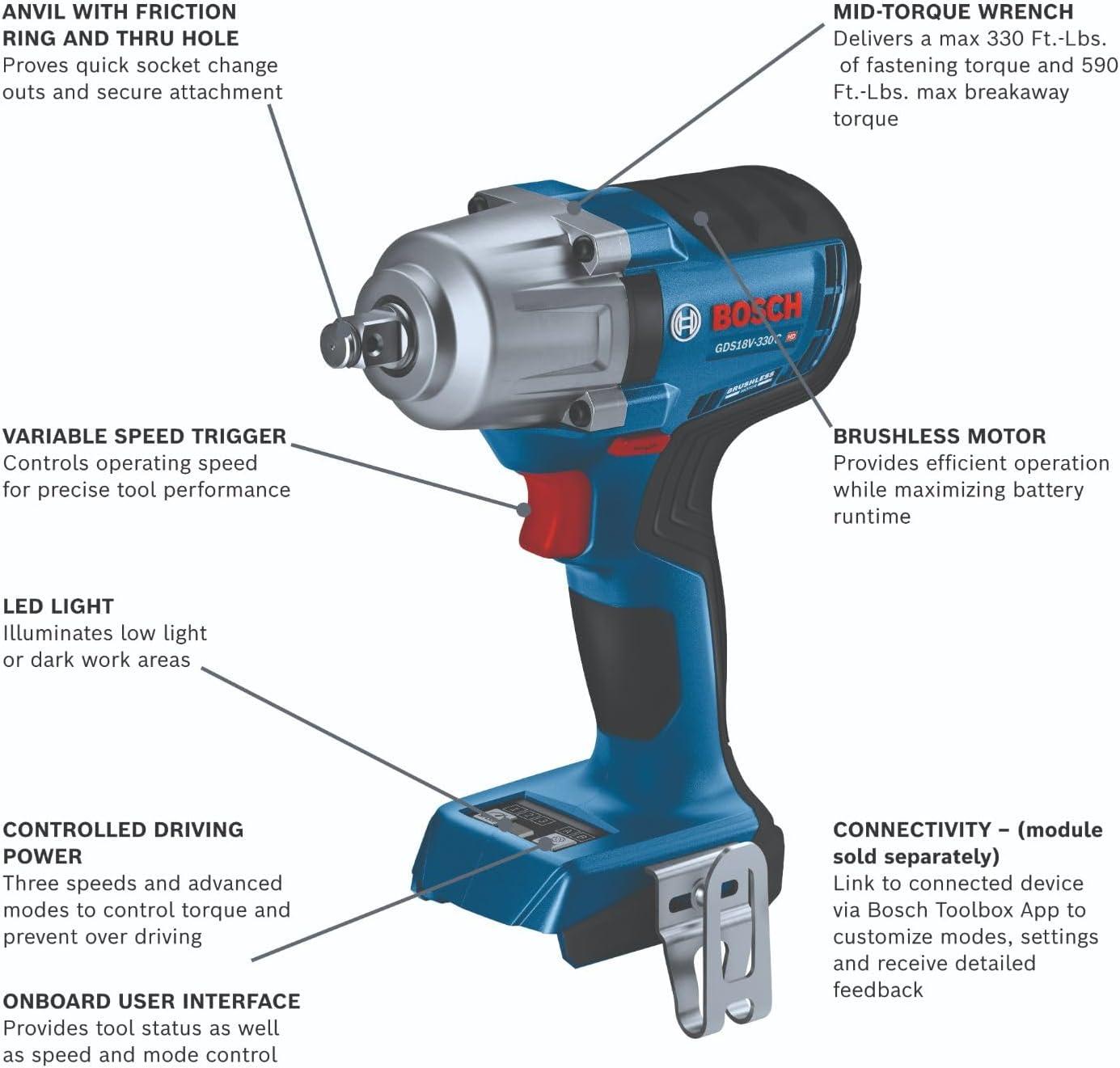 imageBOSCH GDS18V330PCN 18V Brushless 12 In MidTorque Impact Wrench with Pin Detent Bare ToolTool Only