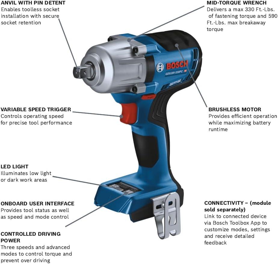 imageBOSCH GDS18V330PCN 18V Brushless 12 In MidTorque Impact Wrench with Pin Detent Bare ToolTool Only w Pin Detent