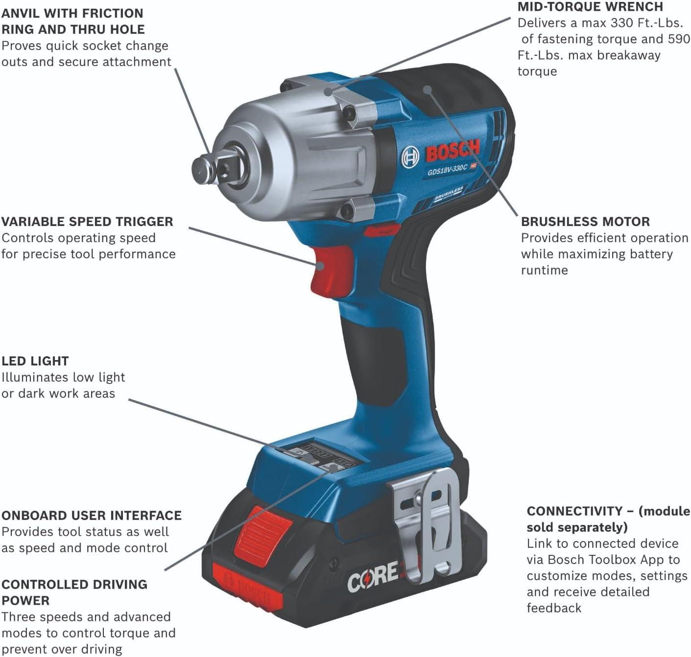 imageBOSCH GDS18V330PCN 18V Brushless 12 In MidTorque Impact Wrench with Pin Detent Bare Toolw 2 18V 4 Ah Batteries