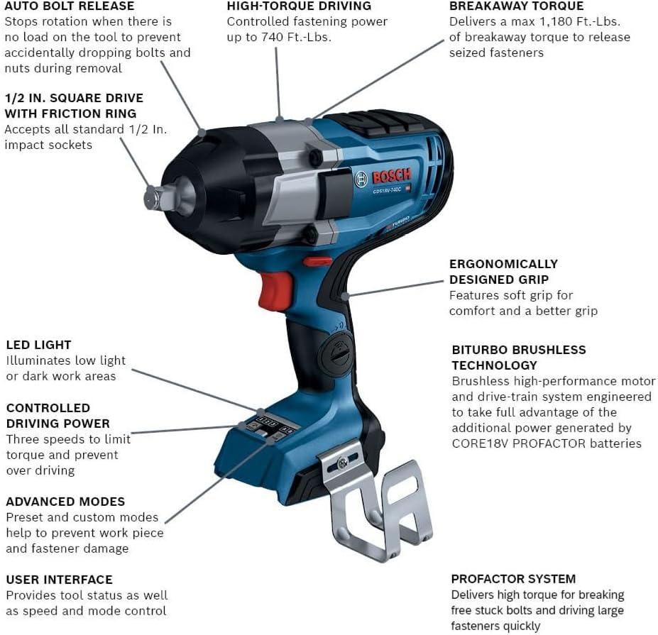 imageBOSCH GDS18V740CN PROFACTOR 18V ConnectedReady 12 In Impact Wrench with Friction Ring Bare ToolTool Only w Bluetooth Connectivity
