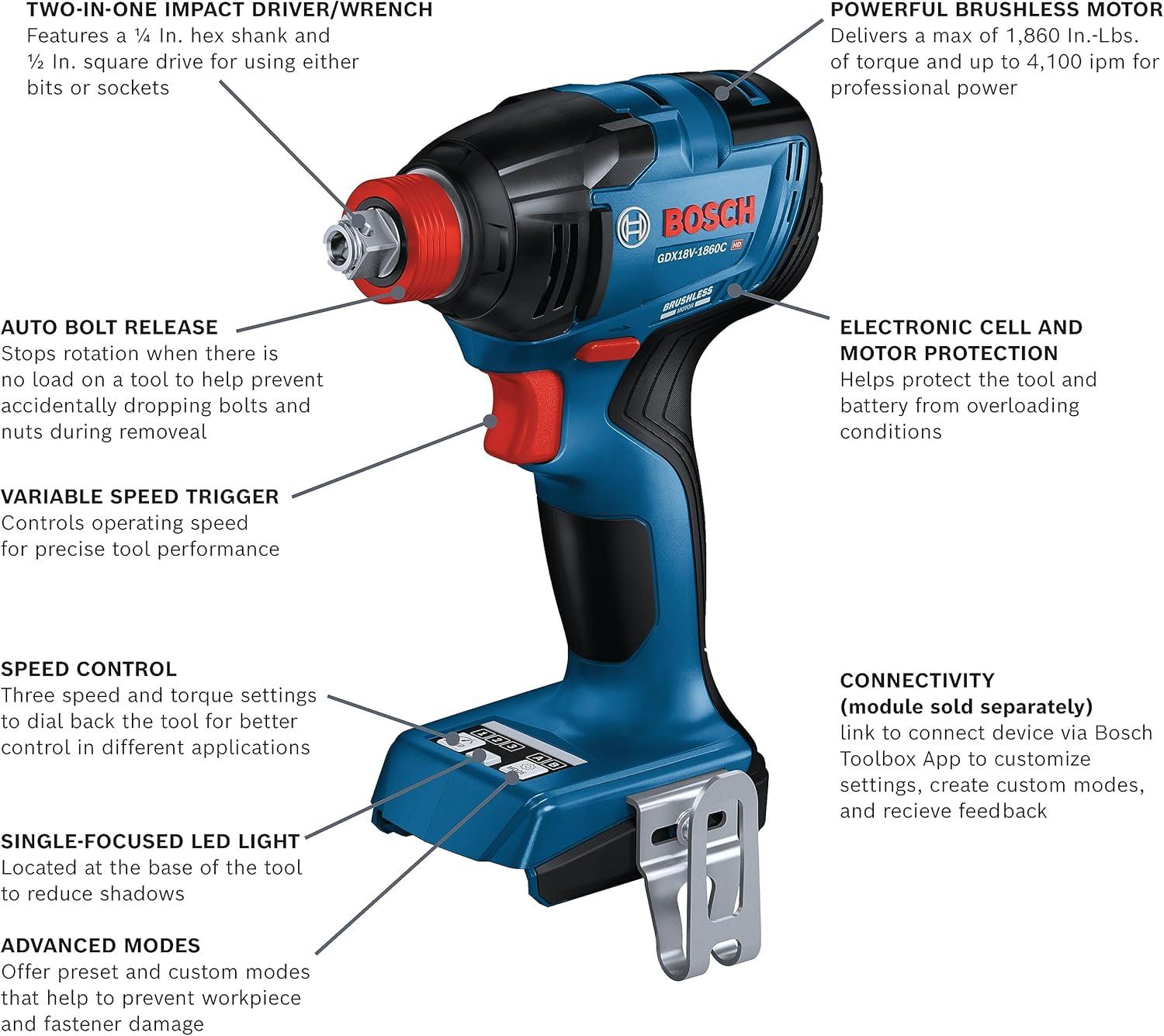 imageBOSCH GDX18V1860CB15 18V ConnectedReady TwoInOne 14 In and 12 In BitSocket Impact DriverWrench Kit with 1 CORE18V 4 Ah Advanced Power BatteryIndustrial