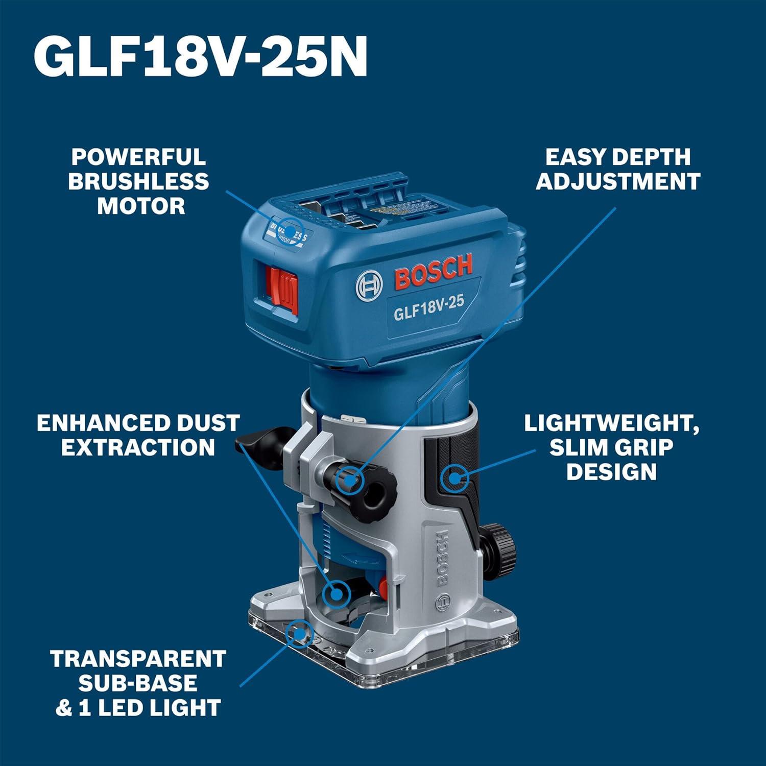 imageBOSCH GLF18V25N 18V Laminate Trim Router Powerful Brushless Motor 1000030000 RPM Lightweight Ergonomic Enhanced Dust Extraction Quick Depth Adjustments for Precise Trimming