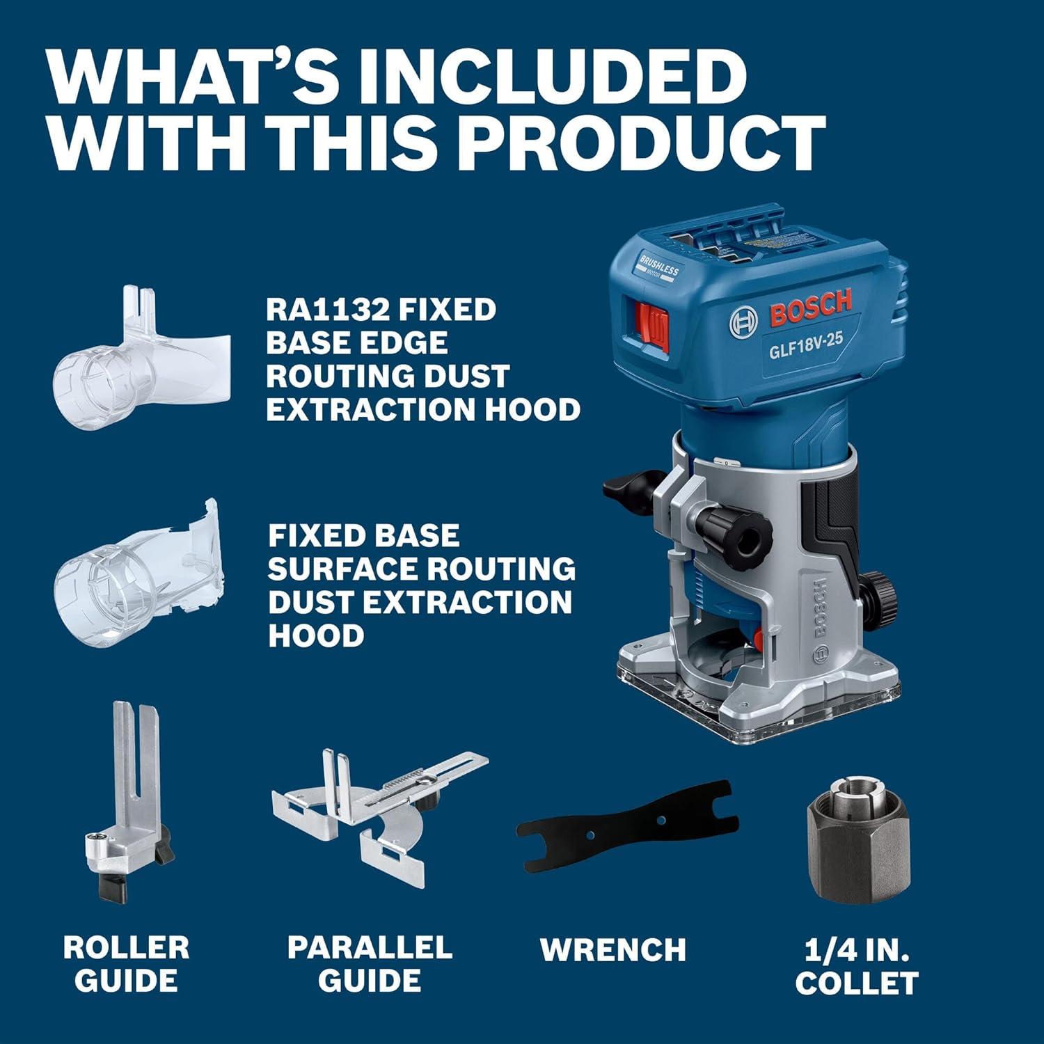 imageBOSCH GLF18V25N 18V Laminate Trim Router Powerful Brushless Motor 1000030000 RPM Lightweight Ergonomic Enhanced Dust Extraction Quick Depth Adjustments for Precise Trimming