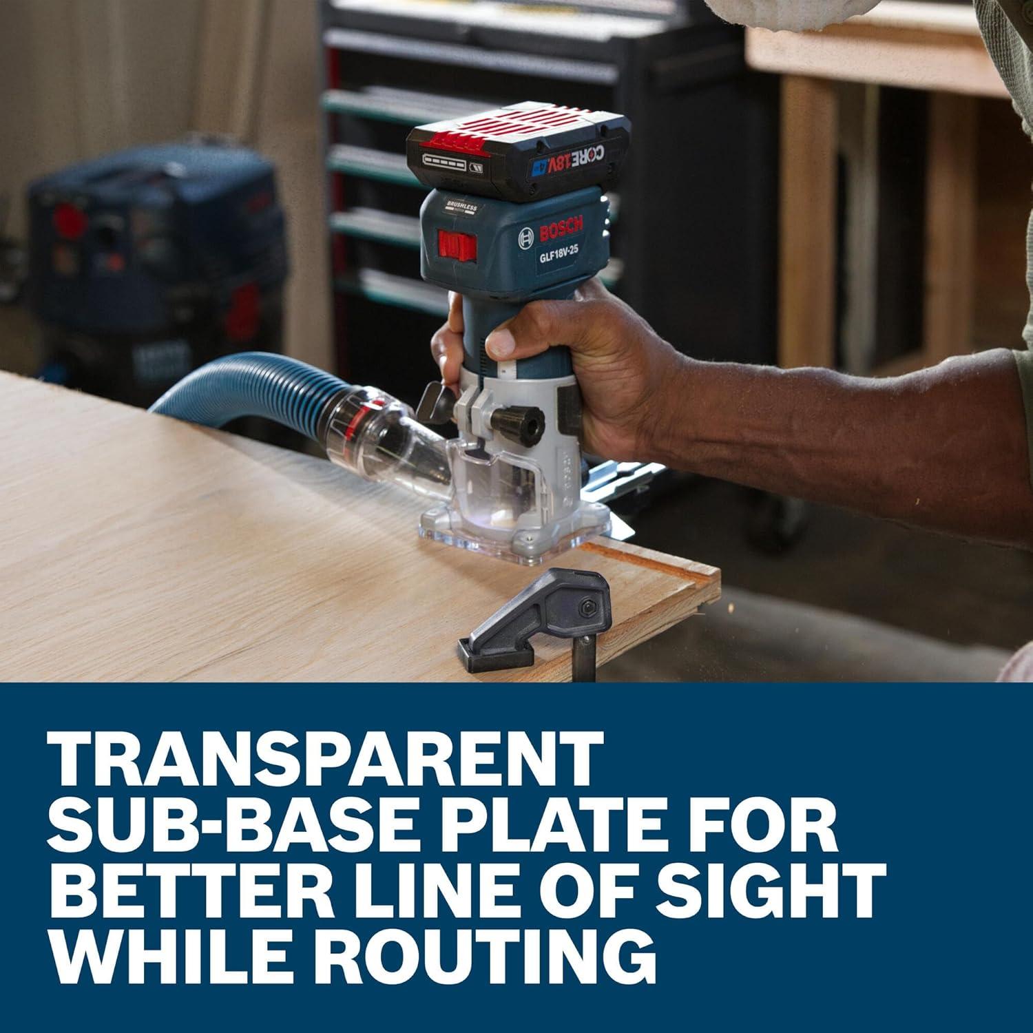 imageBOSCH GLF18V25N 18V Laminate Trim Router Powerful Brushless Motor 1000030000 RPM Lightweight Ergonomic Enhanced Dust Extraction Quick Depth Adjustments for Precise Trimming