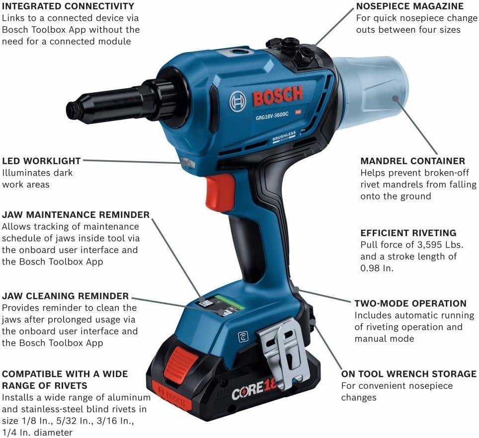imageBOSCH GRG18V3600CN 18V Brushless Connected Rivet Tool Bare Toolw 2 18V 4 Ah Batteries