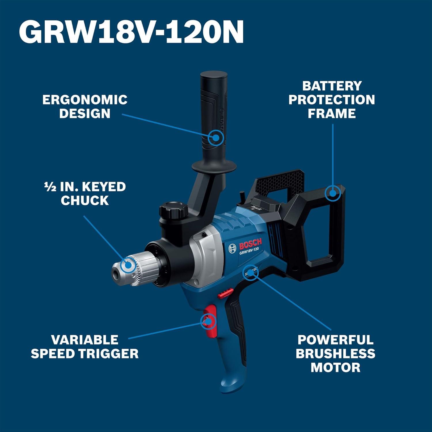 imageBOSCH GRW18V120N 18V Brushless Mud Mixer In Chuck 650 RPM Variable Speed Soft Start KickBack Control Ergonomic Handle for Heavy Mortars Epoxies amp Paints