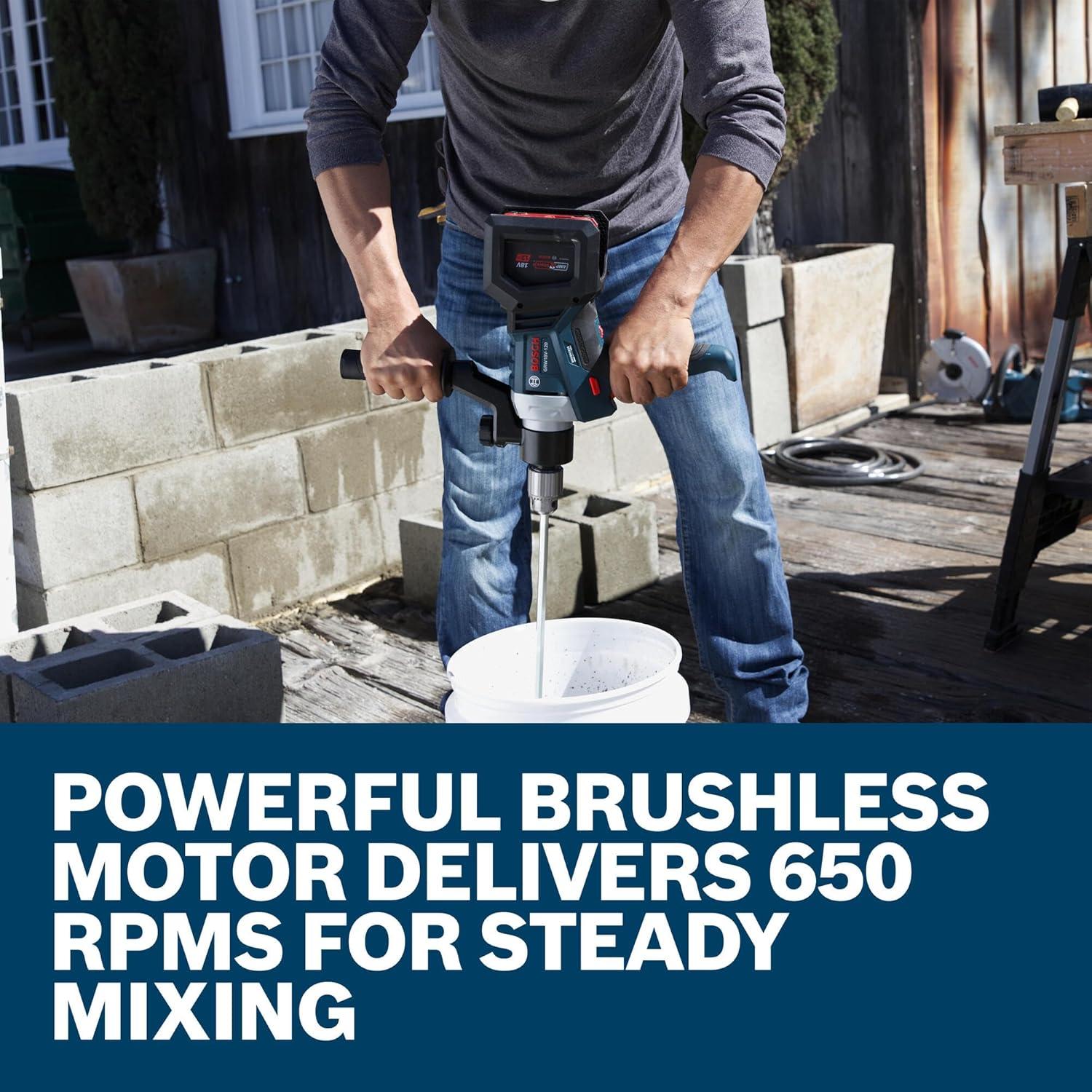 imageBOSCH GRW18V120N 18V Brushless Mud Mixer In Chuck 650 RPM Variable Speed Soft Start KickBack Control Ergonomic Handle for Heavy Mortars Epoxies amp Paints