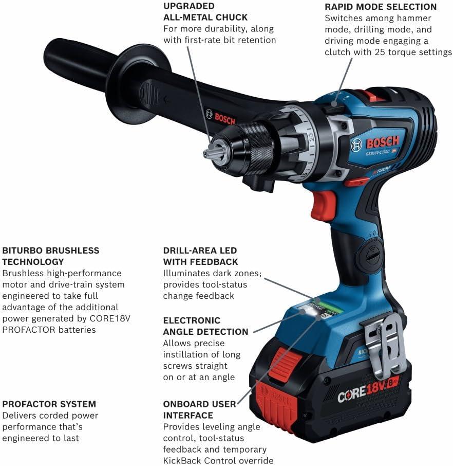 imageBOSCH GSB18V1330CB14 PROFACTOR 18V ConnectedReady 12 In Hammer DrillDriver Kit with 1 CORE18V 8 Ah High Power Batteryw Battery Kit
