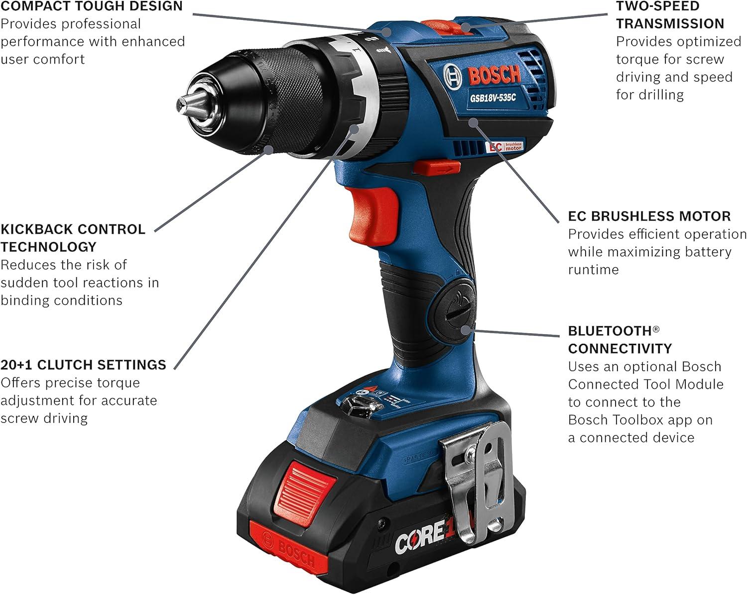 imageBOSCH GSB18V535CB15 18V EC Brushless ConnectedReady 12 In Hammer DrillDriver with 1 CORE18V 4 Ah Advanced Power Batteryw 18V 4 Ah Battery