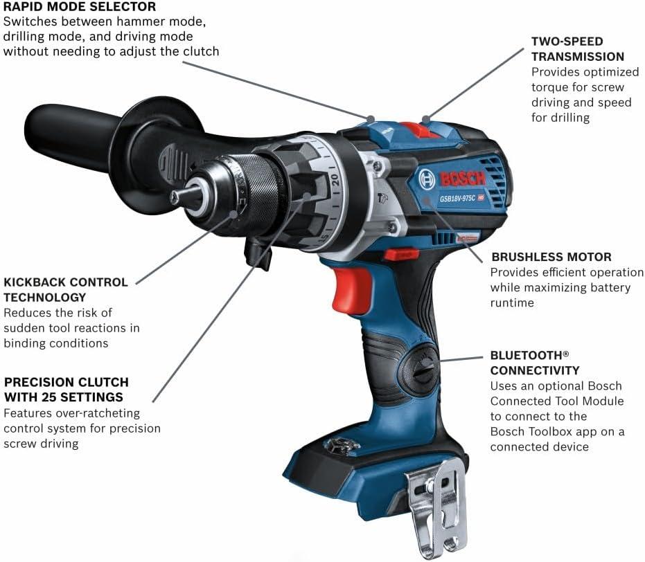 imageBOSCH GSB18V975CB25 18V Brushless ConnectedReady 12 In Hammer DrillDriver Kit with 2 CORE18V 4 Ah Advanced Power BatteriesIndustrial