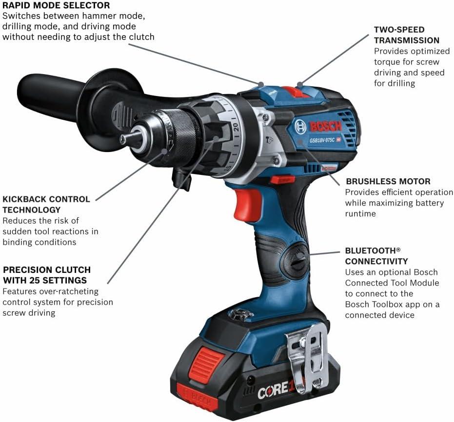 imageBOSCH GSB18V975CB25 18V Brushless ConnectedReady 12 In Hammer DrillDriver Kit with 2 CORE18V 4 Ah Advanced Power Batteriesw 2 18V 4 Ah Batteries