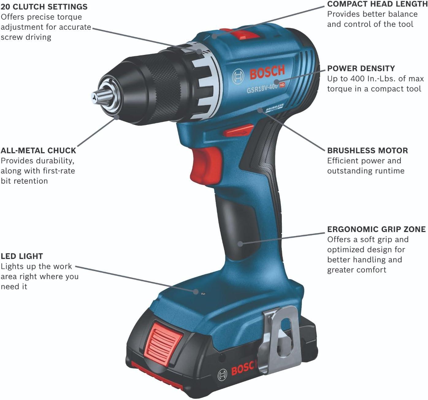 imageBOSCH GSR18V400B22 18V Compact Brushless 12 In DrillDriver Kit with 2 2 Ah Standard BatteriesDrillDriver Kit w 2 20 Ah Batteries