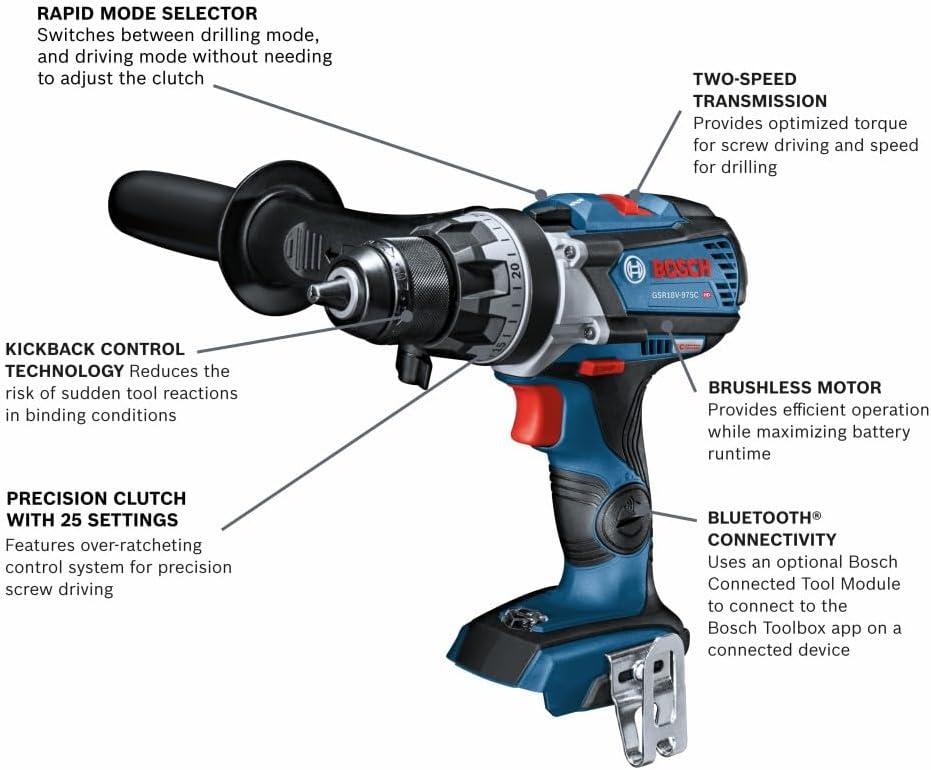 imageBOSCH GSR18V975CB25 18V Brushless ConnectedReady 12 In DrillDriver Kit with 2 CORE18V 4 Ah Advanced Power BatteriesTool Only