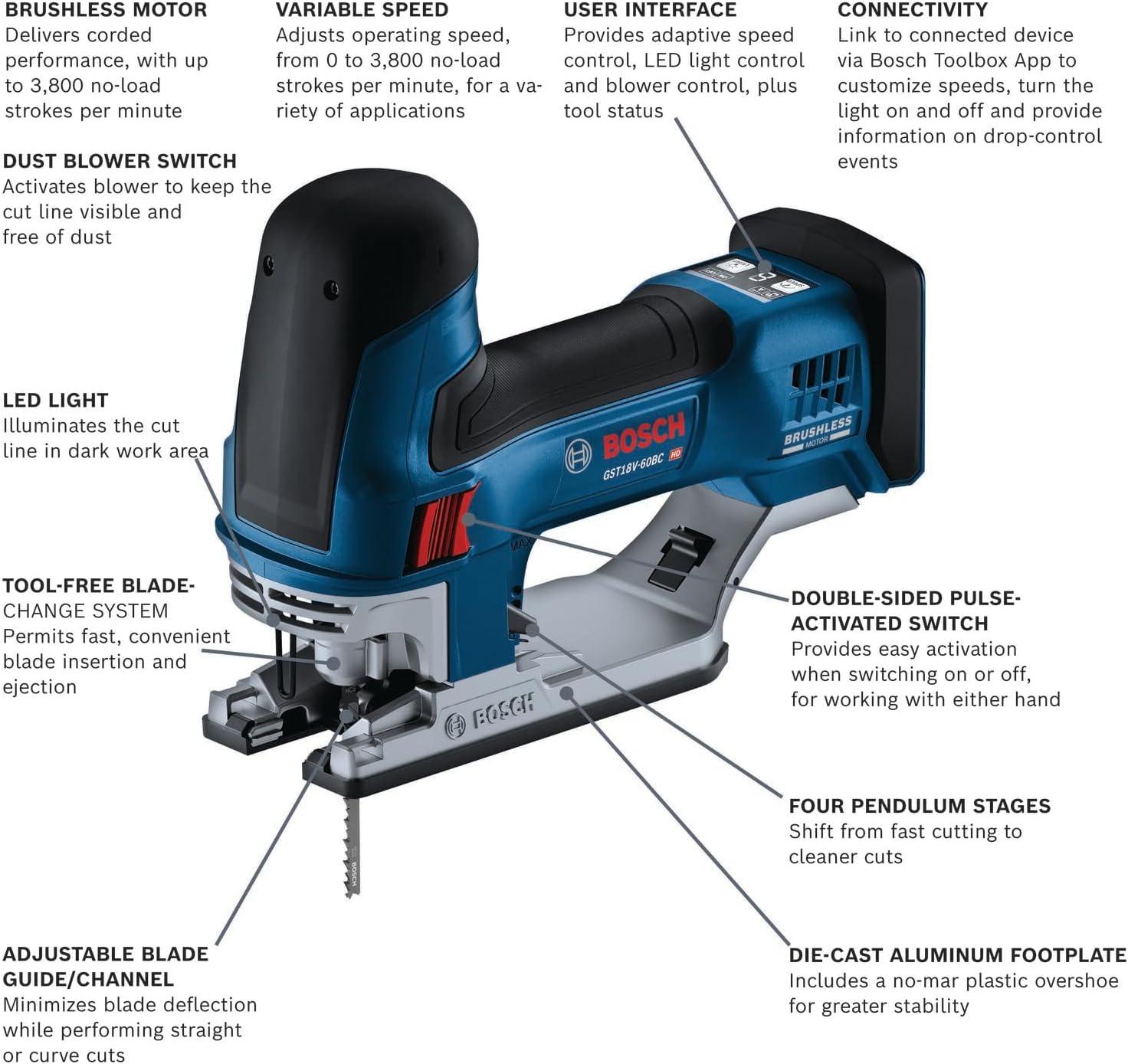 imageBOSCH GST18V60BCN 18V Brushless Connected BarrelGrip Jig Saw 3800 SPM LED Light Toolfree Blade Change Bare Tool