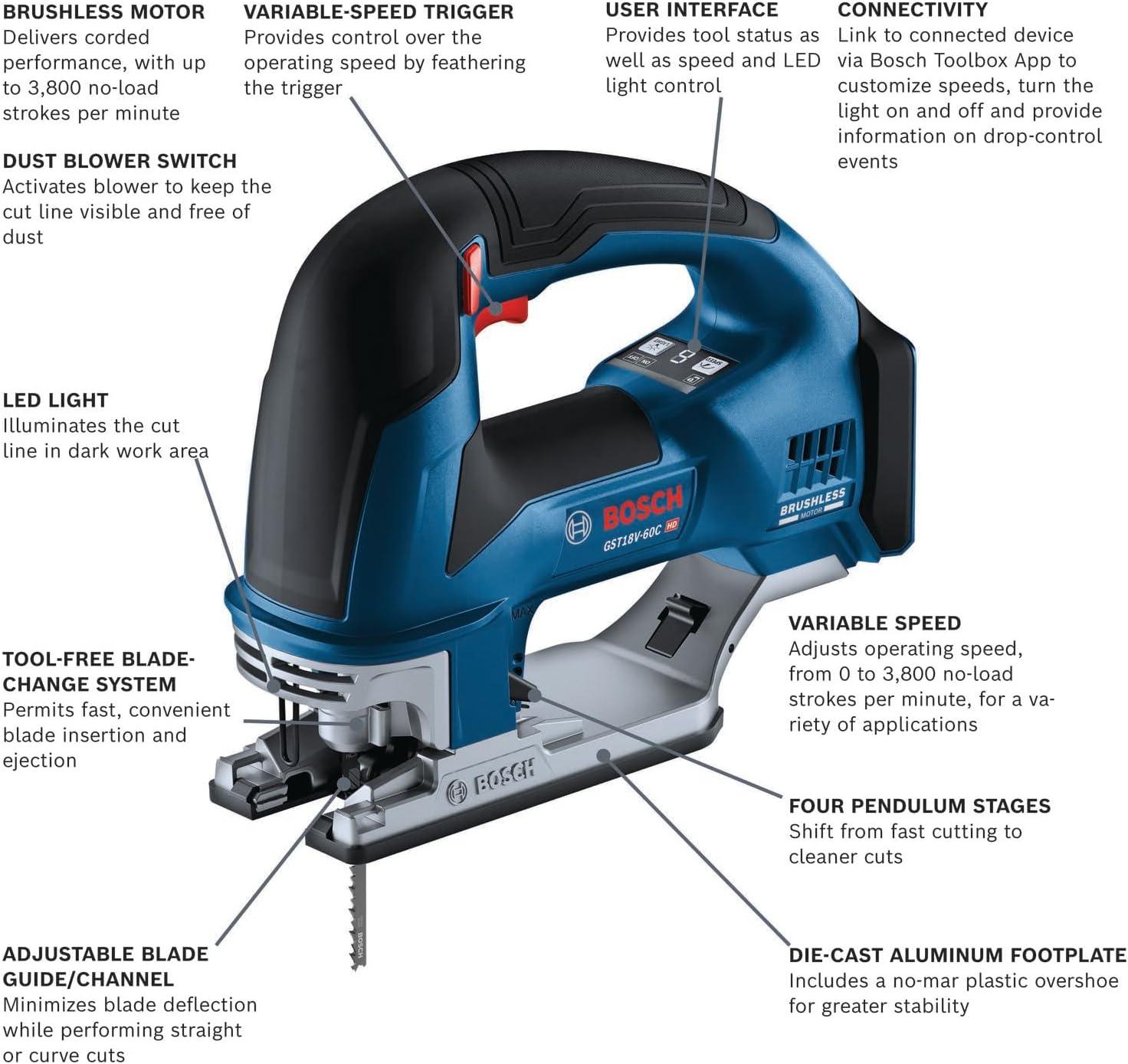 imageBOSCH GST18V60CN 18V Brushless Connected TopHandle Jig Saw 3800 SPM LED Light Toolfree Blade Change Bare Tool