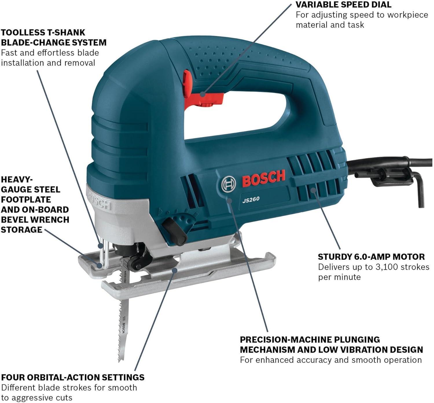 imageBOSCH JS260 TopHandle Jig Saw 60 Amp Motor Variable Speed Control LowVibration Plunging Design Toolless Blade Change System Ideal for Accurate and Smooth CuttingJigsaw Only