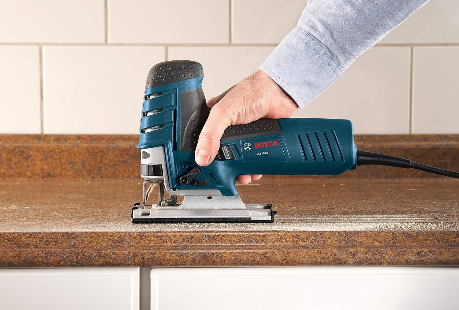 imageBOSCH JS470EB Corded BarrelGrip Jig Saw 120V Low Vibration 7 Amp Variable Speed for Smooth Cutting up to Up To 578 Inch on Wood 38 Inch on Steel For CountertopsJig Saw Only