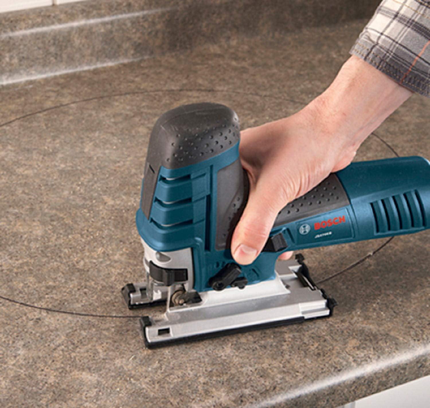 imageBOSCH JS470EB Corded BarrelGrip Jig Saw 120V Low Vibration 7 Amp Variable Speed for Smooth Cutting up to Up To 578 Inch on Wood 38 Inch on Steel For CountertopsJig Saw Only