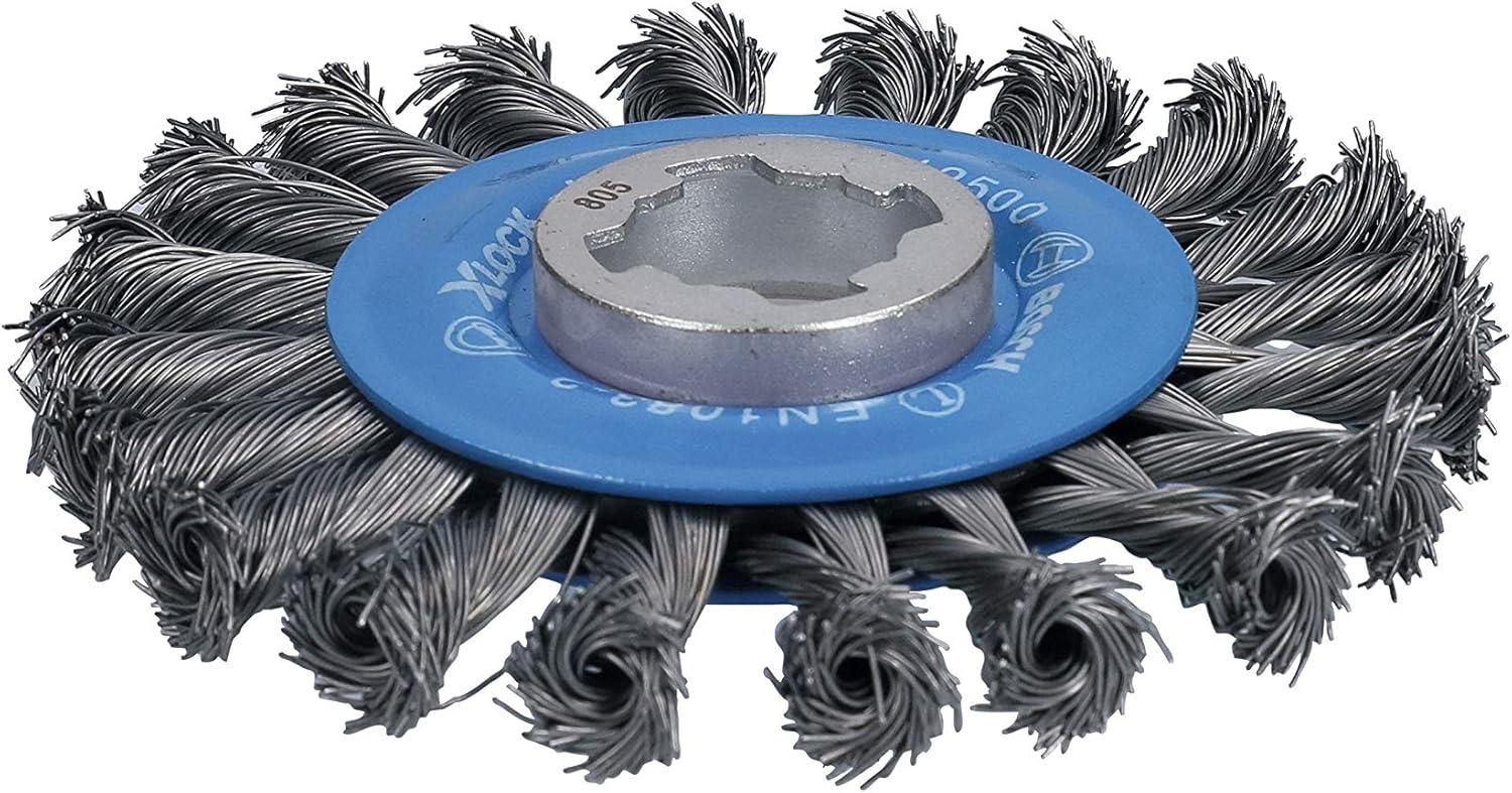 imageBOSCH WBX418 412 In XLOCK Arbor Tempered Steel Crimped Wire Wheel For Applications in Deburring Removing Oxides Flash Removal Edge BlendingCarbon Steel Wire Wheel