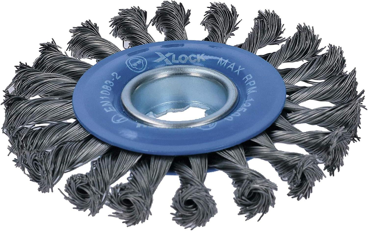 imageBOSCH WBX418 412 In XLOCK Arbor Tempered Steel Crimped Wire Wheel For Applications in Deburring Removing Oxides Flash Removal Edge BlendingCarbon Steel Wire Wheel