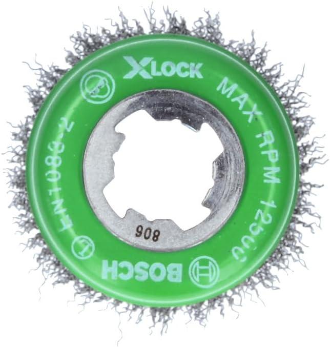 imageBOSCH WBX418 412 In XLOCK Arbor Tempered Steel Crimped Wire Wheel For Applications in Deburring Removing Oxides Flash Removal Edge BlendingIndustrial