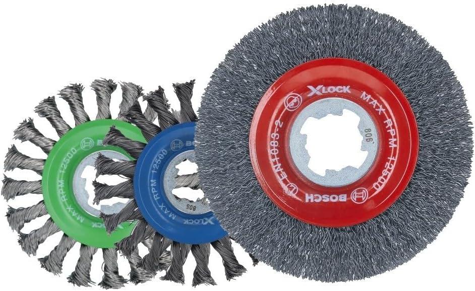 imageBOSCH WBX418 412 In XLOCK Arbor Tempered Steel Crimped Wire Wheel For Applications in Deburring Removing Oxides Flash Removal Edge BlendingIndustrial