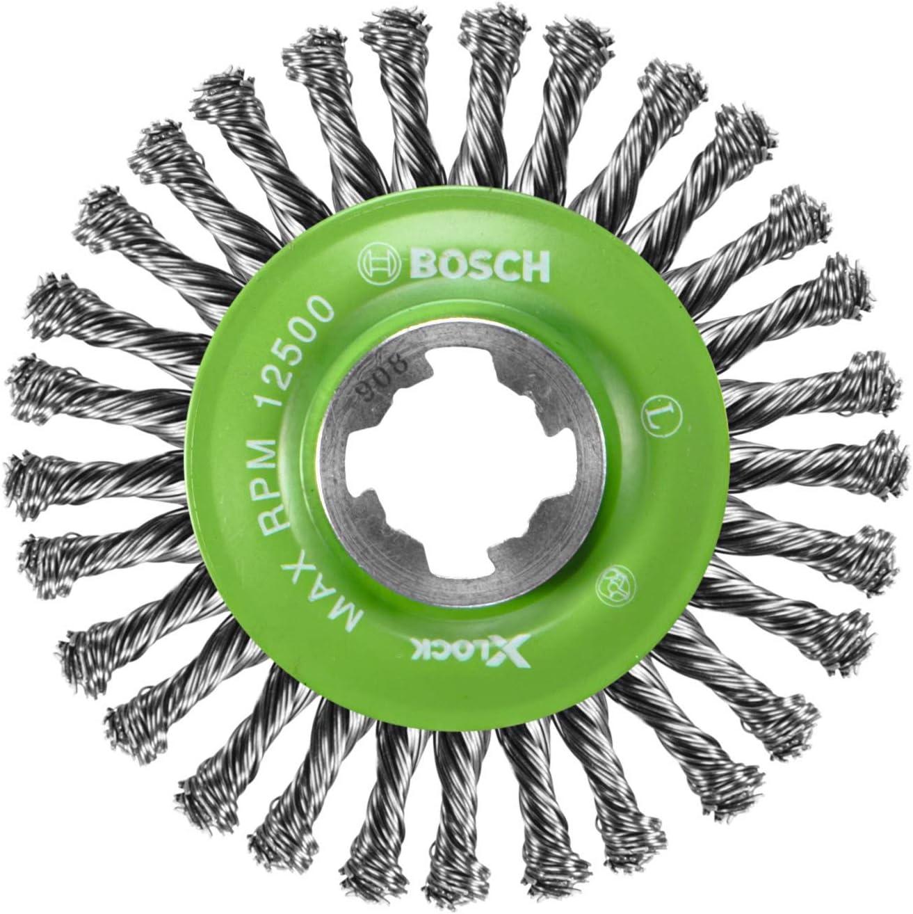 imageBOSCH WBX418 412 In XLOCK Arbor Tempered Steel Crimped Wire Wheel For Applications in Deburring Removing Oxides Flash Removal Edge BlendingStainless Steel Wire Wheel