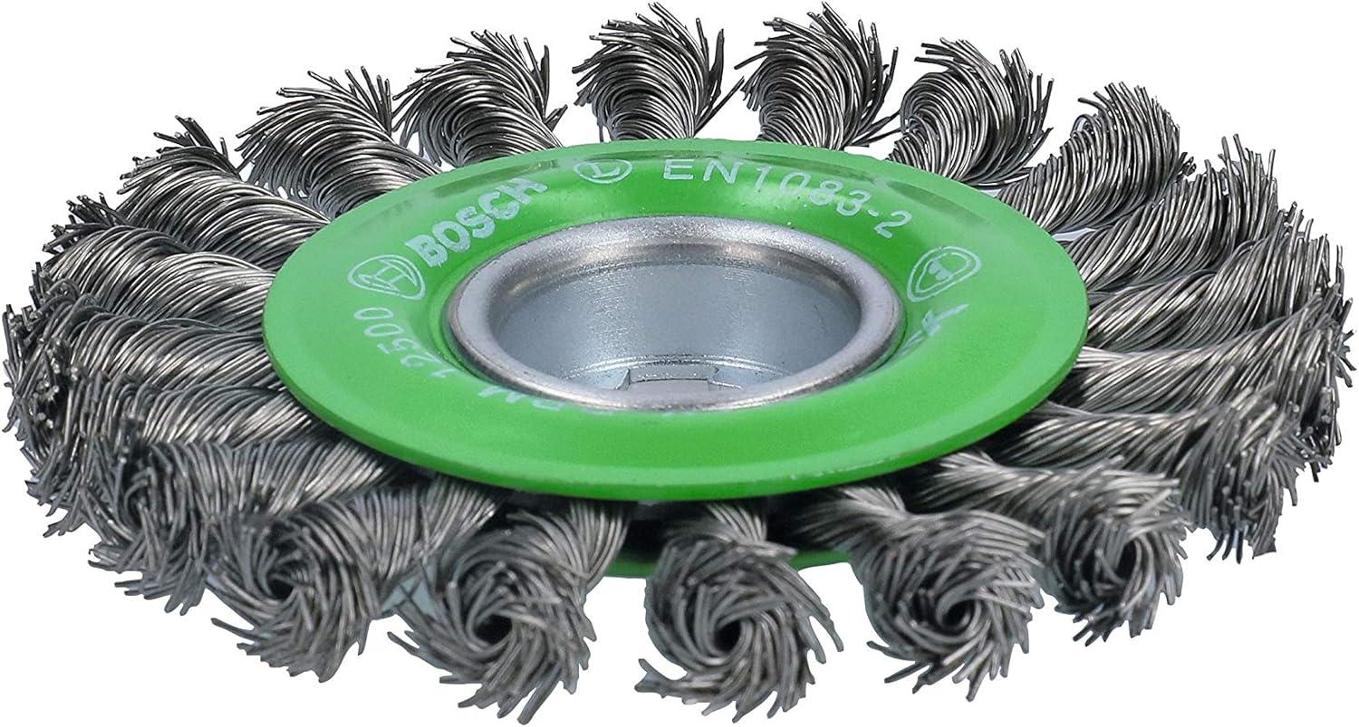 imageBOSCH WBX418 412 In XLOCK Arbor Tempered Steel Crimped Wire Wheel For Applications in Deburring Removing Oxides Flash Removal Edge BlendingStainless Steel Wire Wheel