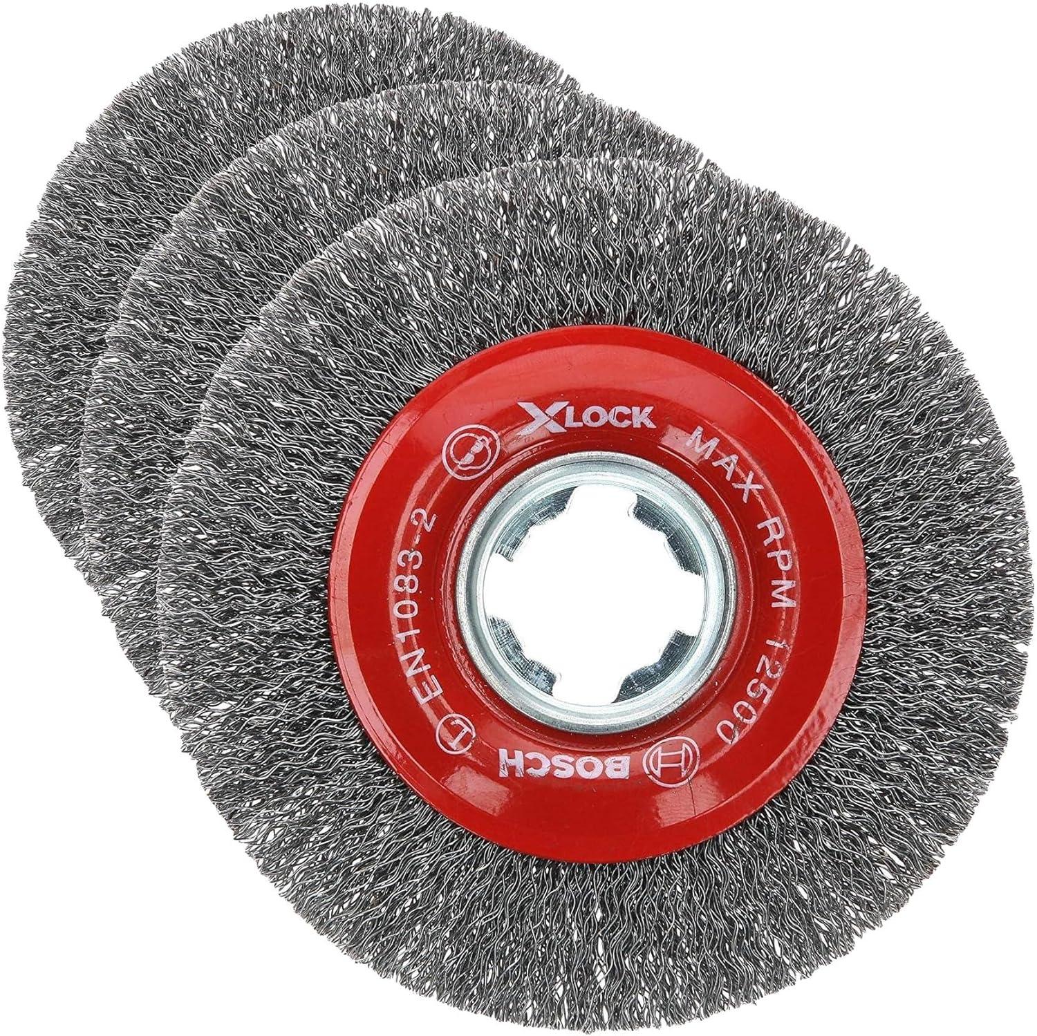 imageBOSCH WBX418 412 In XLOCK Arbor Tempered Steel Crimped Wire Wheel For Applications in Deburring Removing Oxides Flash Removal Edge BlendingTempered Steel Wire Wheel