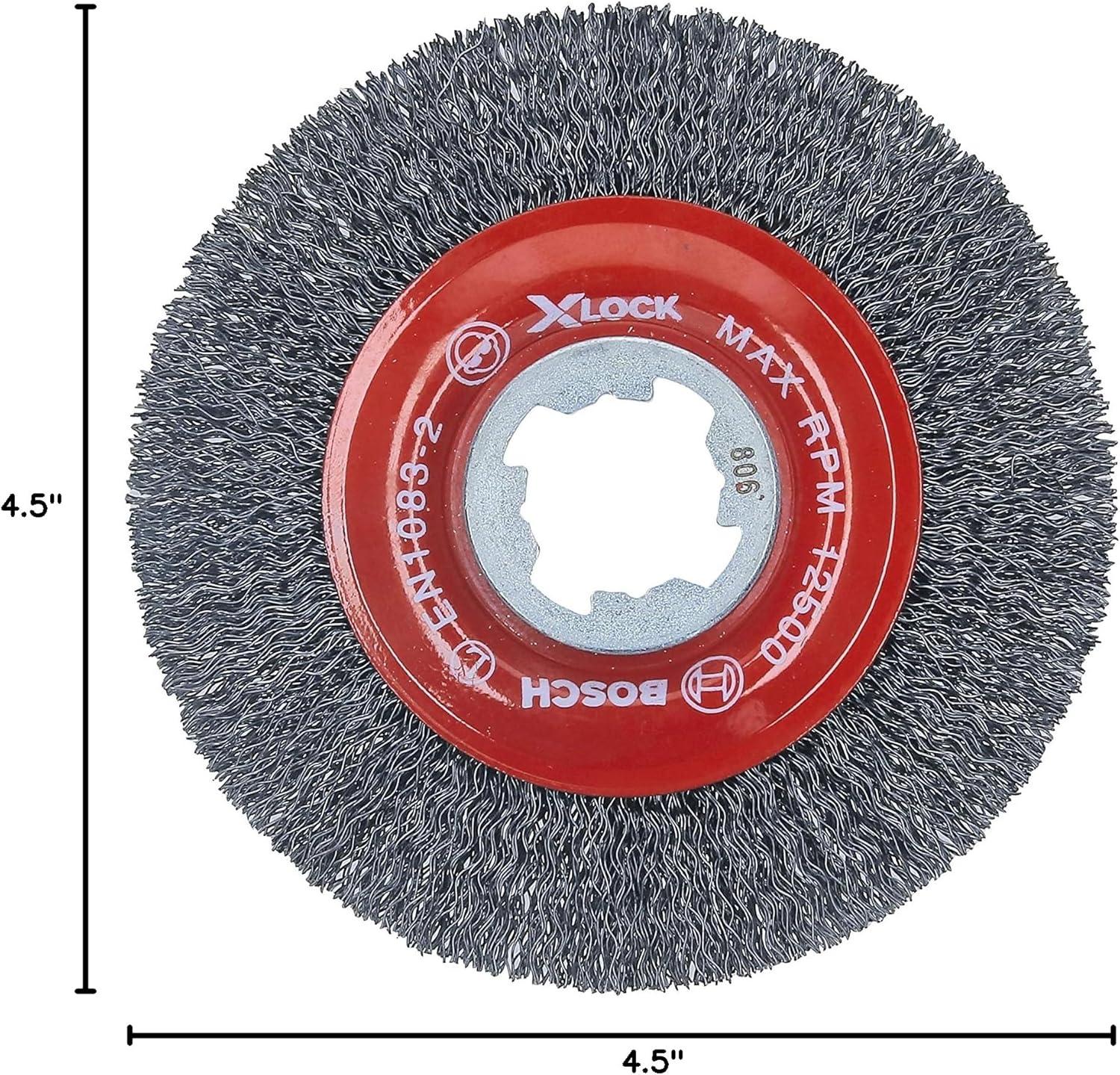 imageBOSCH WBX418 412 In XLOCK Arbor Tempered Steel Crimped Wire Wheel For Applications in Deburring Removing Oxides Flash Removal Edge BlendingTempered Steel Wire Wheel
