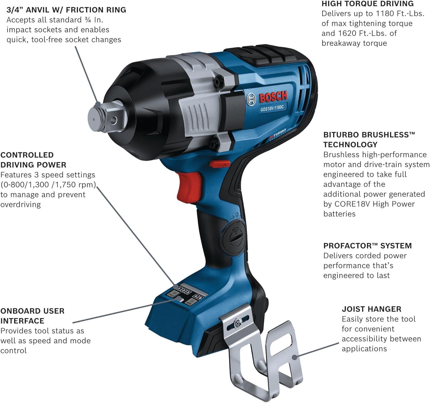 imageBosch GDS18V1180CN PROFACTOR 18V ConnectedReady 34 In Impact Wrench with Friction Ring and ThruHole Bare ToolTool Only
