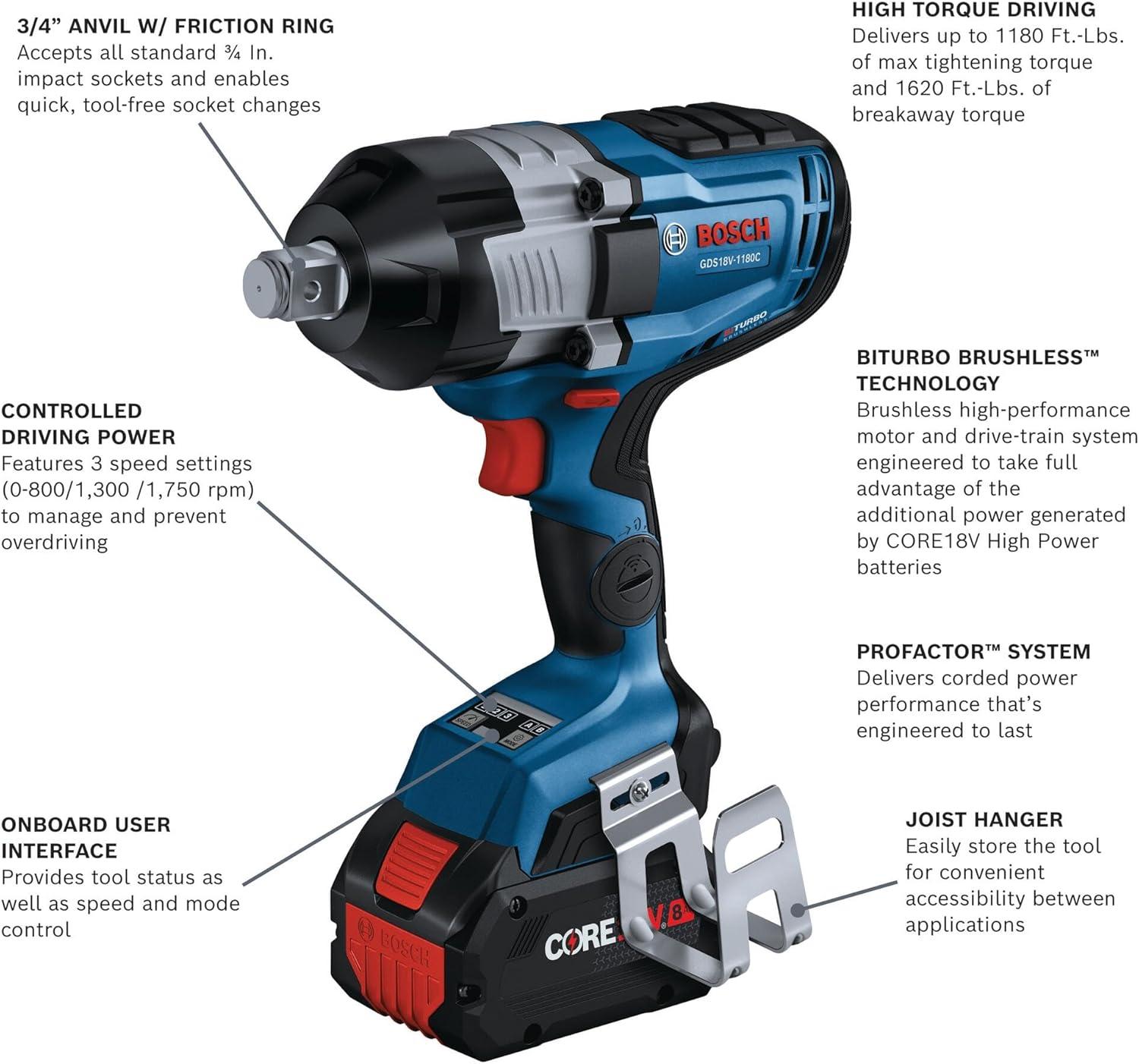 imageBosch GDS18V1180CN PROFACTOR 18V ConnectedReady 34 In Impact Wrench with Friction Ring and ThruHole Bare Toolw 2 18V 8 Ah Batteries