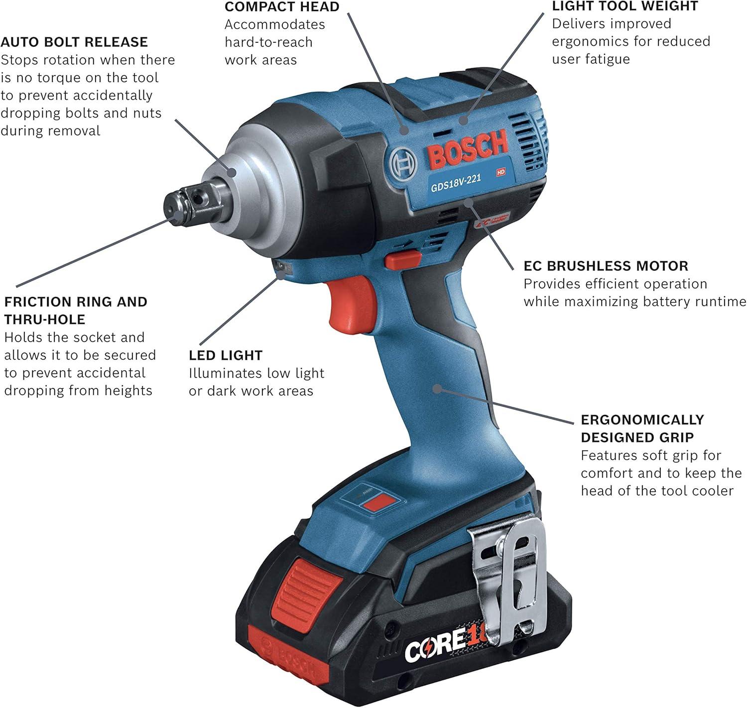 imageBosch GDS18V221B25 18V EC Brushless 12 In Impact Wrench Kit with 2 CORE18V 40 Ah Compact Batteriesw 2 18V 4 Ah Batteries