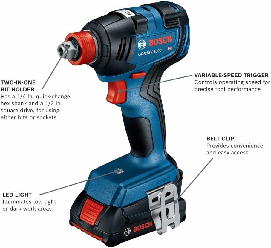 imageBosch GDX18V1800B12 18V TwoInOne 14 In and 12 In BitSocket Impact DriverWrench Kit with 2 Ah Standard Power Battery
