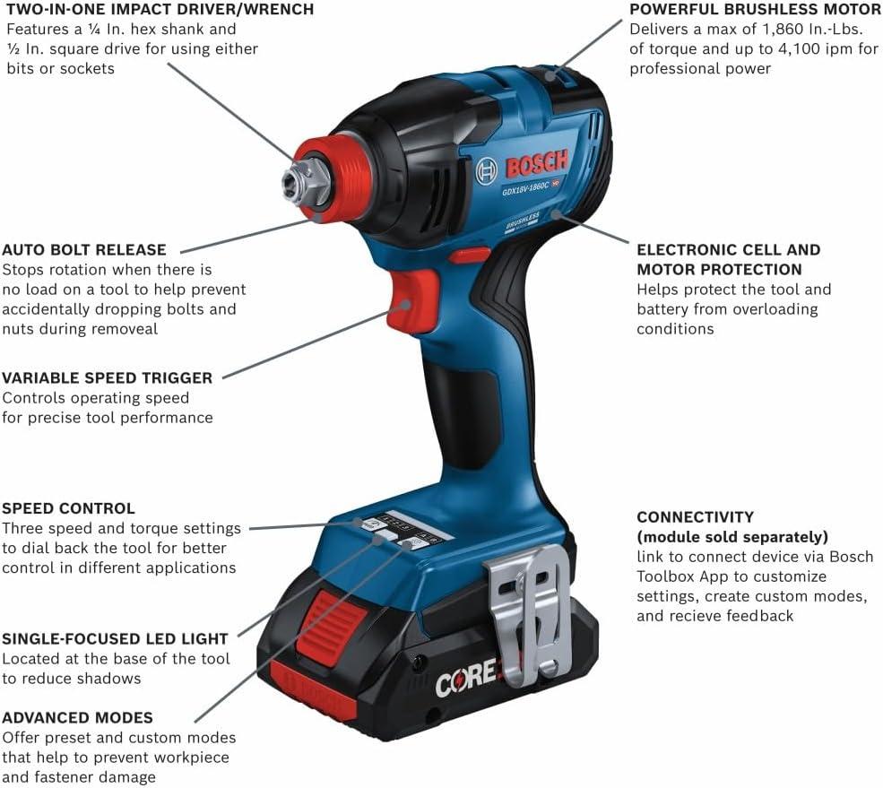 imageBosch GDX18V1860CB25 18V ConnectedReady TwoInOne 14 In and 12 In BitSocket Impact DriverWrench Kit with 2 CORE18V 4 Ah Advanced Power Batteries and 1 Connectivity Module