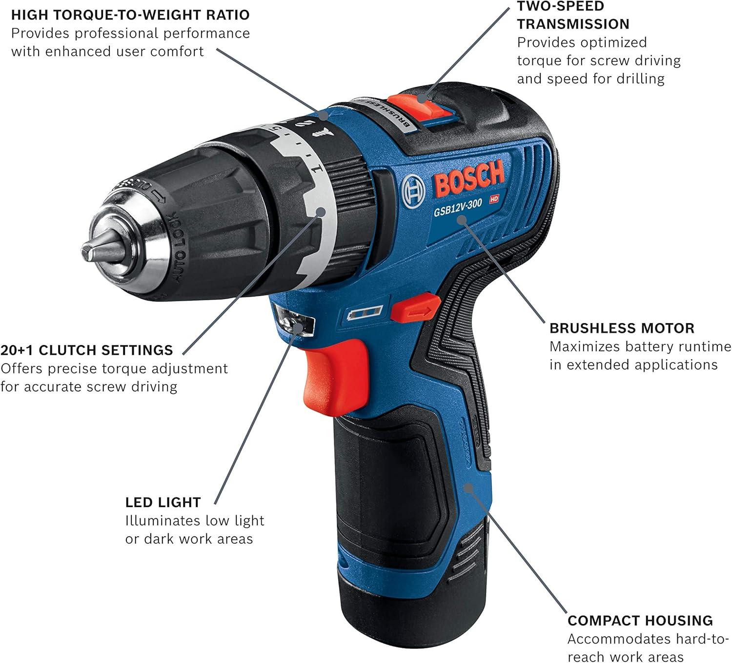 imageBosch GSB12V300N 12V Max Brushless 38 In Hammer DrillDriver Bare Toolw 2 12V Batteries