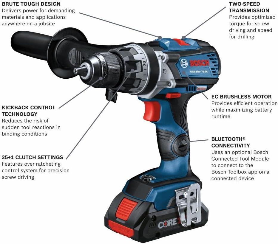imageBosch GSB18V755CB25 18V EC Brushless ConnectedReady Brute Tough 12 In Hammer DrillDriver Kit with 2 CORE18V Batteriesw 2 18V 4 Ah Batteries