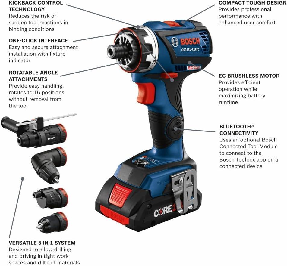 imageBosch GSR18V535FCB15 18V DrillDriver with 5In1 Flexiclick System and 1 CORE18V 4 Ah Advanced Power Battery